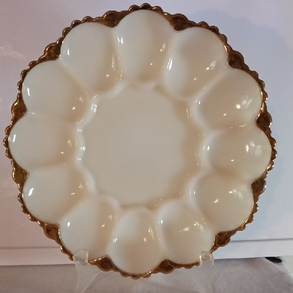 Anchor Hocking Fire-King Milk Glass Deviled Egg Plate With Gold Trim